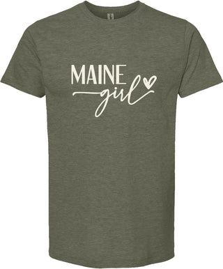 Green t-shirt with 'MAINE girl' text on a white background