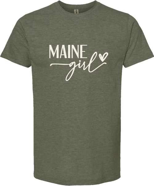Green t-shirt with 'MAINE girl' text on a white background