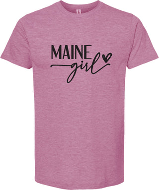 Raspberry t-shirt with 'MAINE girl' text on a white background