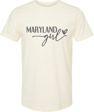 Cream t-shirt with 'Maryland girl' text on a white background