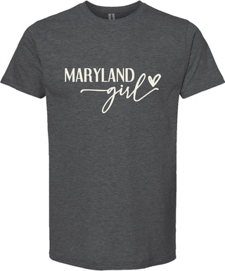 Dark gray t-shirt with 'Maryland girl' text on a white background