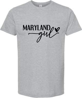 Light Gray t-shirt with 'Maryland girl' text on a white background