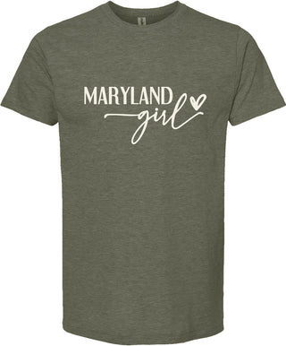 Green t-shirt with 'Maryland girl' text on a white background