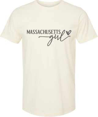 Cream t-shirt with 'Massachusetts girl' text on a white background