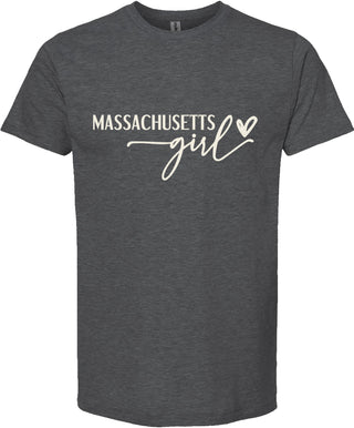 Dark gray t-shirt with 'Massachusetts girl' text on a white background