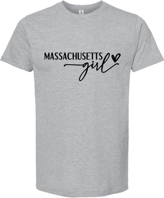 Light Gray t-shirt with 'Massachusetts girl' text on a white background