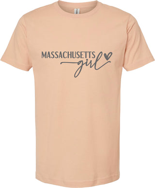 Peach t-shirt with 'Massachusetts girl' text on a white background