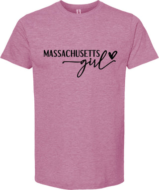 Raspberry t-shirt with 'Massachusetts girl' text on a white background