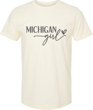 Cream t-shirt with 'Michigan girl' text on a white background