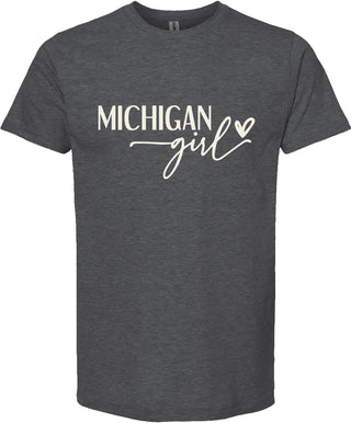 Dark gray t-shirt with 'Michigan girl' text on a white background
