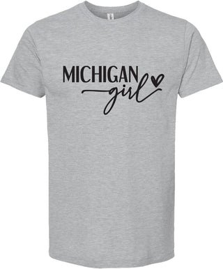 Light Gray t-shirt with 'Michigan girl' text on a white background
