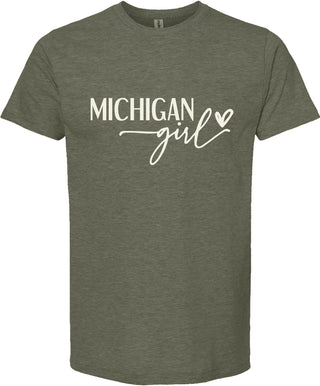 Green t-shirt with 'Michigan girl' text on a white background