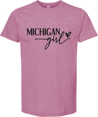 Raspberry t-shirt with 'Michigan girl' text on a white background