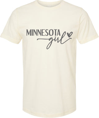 Cream t-shirt with 'Minnesota girl' text on a white background