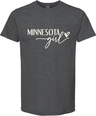Dark gray t-shirt with 'Minnesota girl' text on a white background
