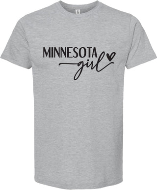 Light Gray t-shirt with 'Minnesota girl' text on a white background