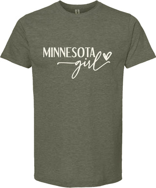 Green t-shirt with 'Minnesota girl' text on a white background