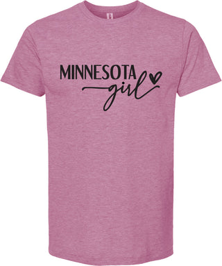 Raspberry t-shirt with 'MINNESOTA girl' text on a white background