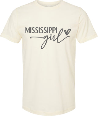 Cream t-shirt with 'Mississippi girl' text on a white background