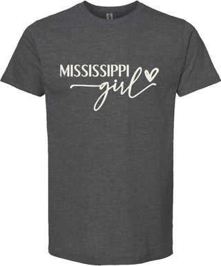 Dark gray t-shirt with 'Mississippi girl' text and heart on a white background
