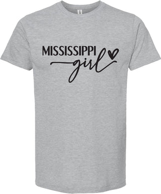 Light Gray t-shirt with 'Mississippi girl' text on a white background