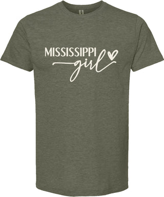 Green t-shirt with 'Mississippi girl' text on a white background