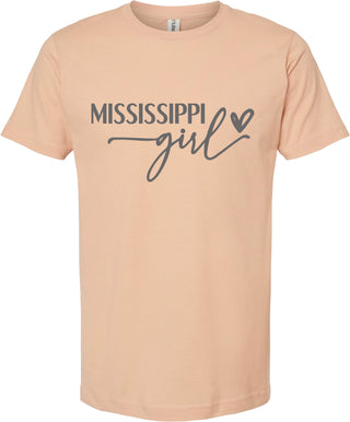 Peach t-shirt with 'Mississippi girl' text on a white background