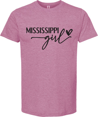 Raspberry t-shirt with 'Mississippi girl' text on a white background