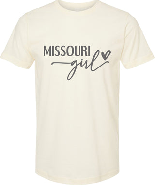 Cream t-shirt with 'Missouri girl' text on a white background