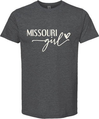 Dark gray t-shirt with 'Missouri girl' text on a white background