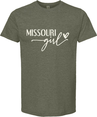 Green t-shirt with 'Missouri girl' text on a white background