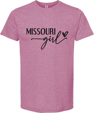 Raspberry t-shirt with 'Missouri girl' text on a white background