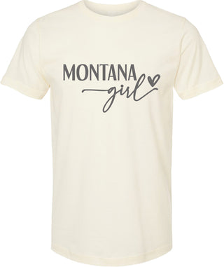 Cream t-shirt with 'Montana girl' text on a white background