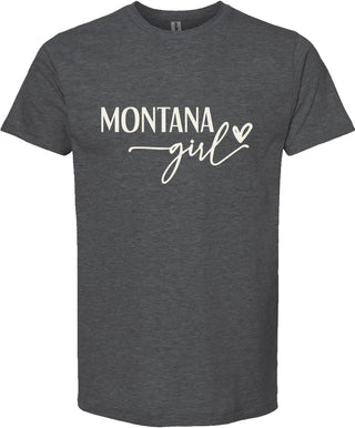 Dark gray t-shirt with 'Montana girl' text on a white background