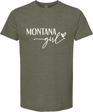 Green t-shirt with 'Montana girl' text on a white background