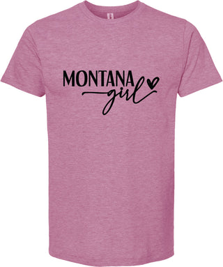 Raspberry t-shirt with 'Montana girl' text on a white background