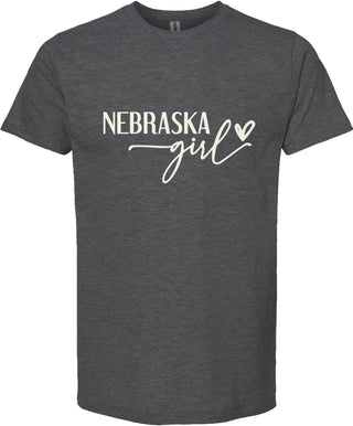 Dark gray t-shirt with 'Nebraska girl' text on a white background