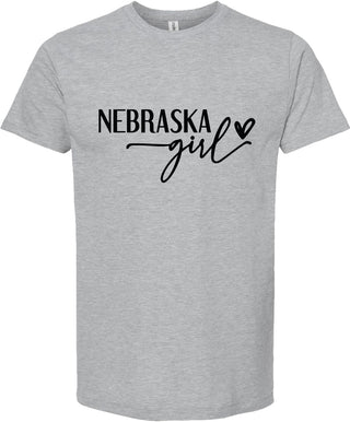 Light Gray t-shirt with 'Nebraska girl' text on a white background