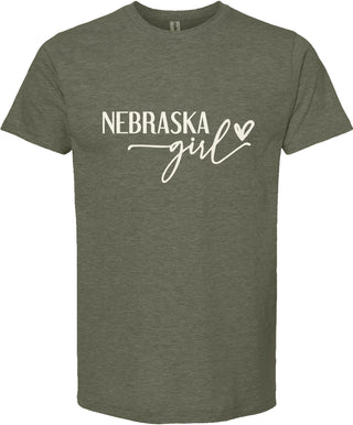 Green t-shirt with 'Nebraska girl' text on a white background