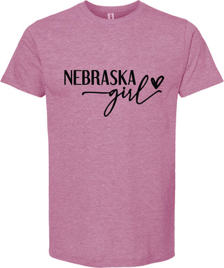Raspberry t-shirt with 'Nebraska girl' text on a white background