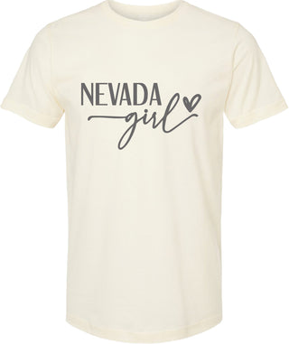 Cream t-shirt with 'NEVADA girl' text on a white background