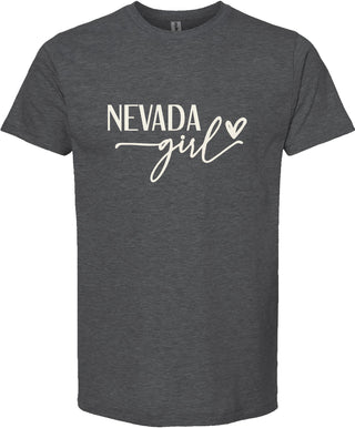 Dark gray t-shirt with 'NEVADA girl' text on a white background