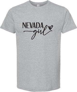 Light Gray t-shirt with 'NEVADA girl' text on a white background