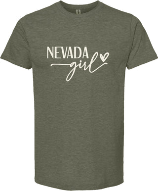 Green t-shirt with 'NEVADA girl' text on a white background