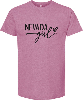 Raspberry t-shirt with 'NEVADA girl' text on a white background