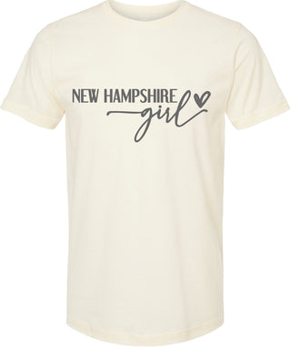 Cream t-shirt with 'New Hampshire girl' text on a white background