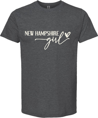 Dark gray t-shirt with 'New Hampshire girl' text on a white background
