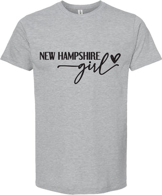 Light Gray t-shirt with 'New Hampshire girl' text on a white background