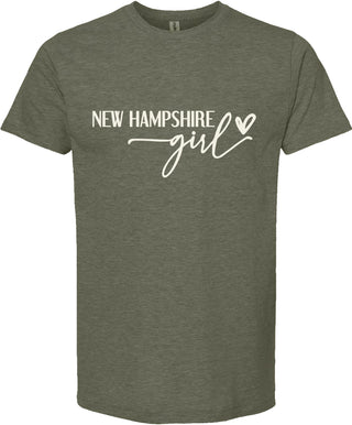 Green t-shirt with 'New Hampshire girl' text on a white background
