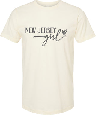 Cream t-shirt with 'New Jersey girl' text on a white background